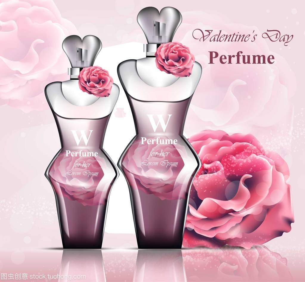 女人香水瓶精致的玫瑰香味。逼真的矢量产品包装设计模拟花卉背景
